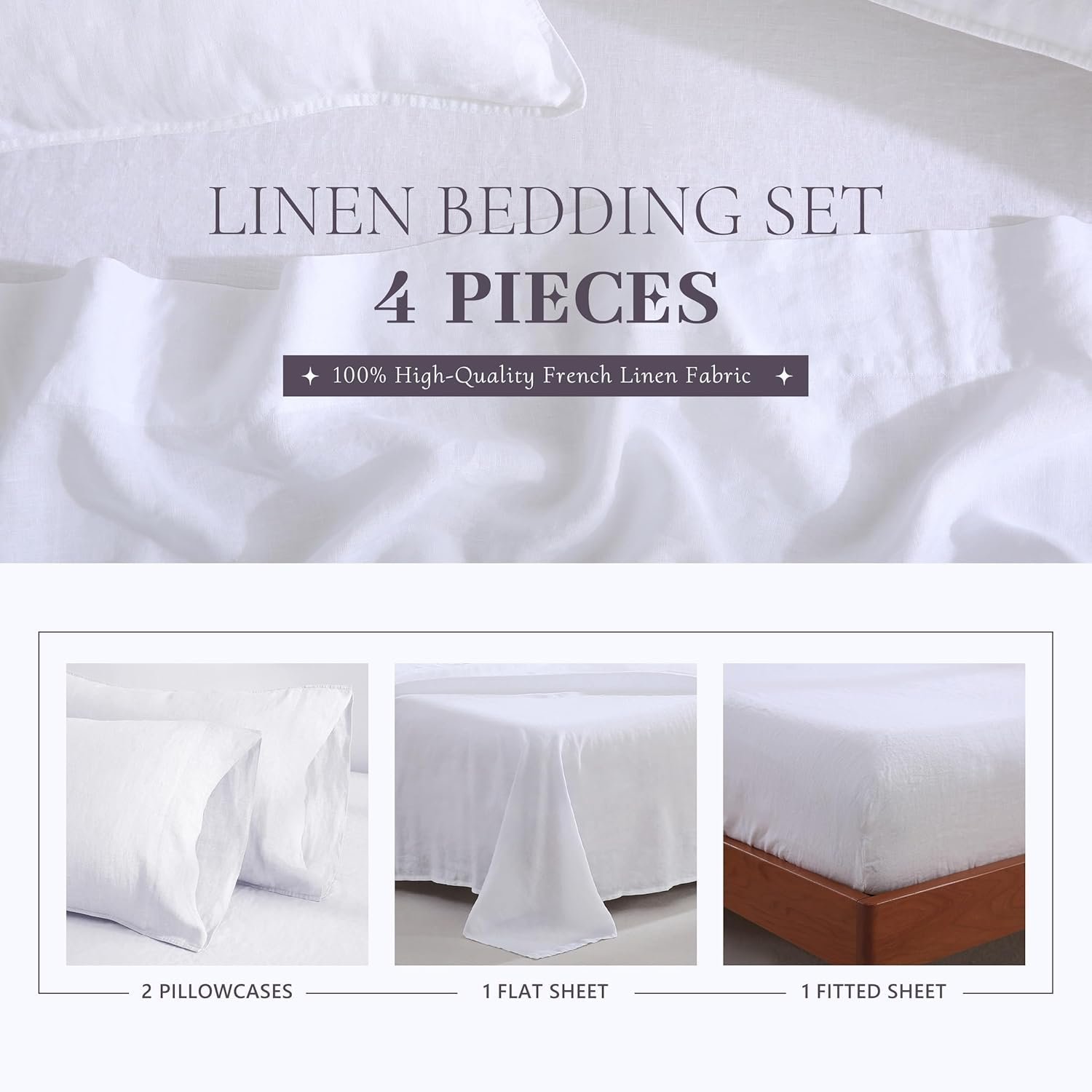 100% French Linen Sheet Set – Queen Size, 4-Piece (White) - Image 2
